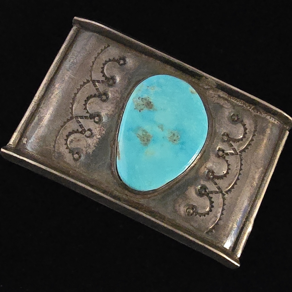Vintage Old Pawn Sterling Turquoise Native American Belt Buckle Stamped Heavy